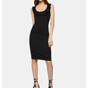 NWT BCBGENERATION Black Ribbed Ruffled Midi Sheath Bodycon Dress.--ZA4